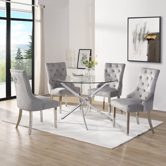 Daytona Round Clear Glass Dining Table 4 Imperial Grey Chairs