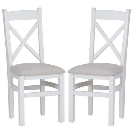 Elkin Cross White Wooden Dining Chairs With Fabric Seat In Pair