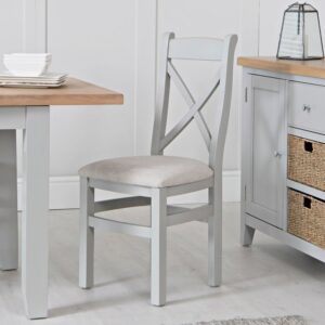 Elkin Cross Wooden Dining Chair With Fabric Seat In Grey