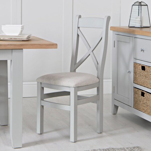 Elkin Cross Wooden Dining Chair With Fabric Seat In Grey