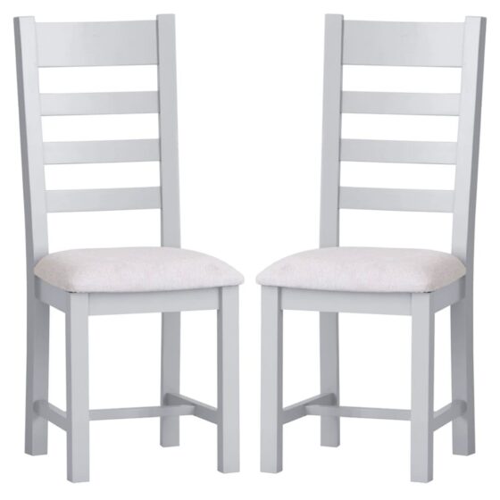 Elkin Ladder Grey Wooden Dining Chairs With Fabric Seat In Pair