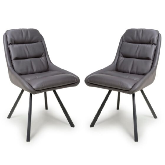 Addis Dark Grey Leather Dining Chairs With Black Legs In Pair