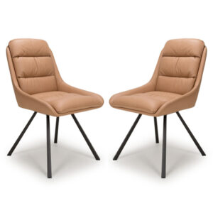 Addis Tan Leather Dining Chairs With Black Legs In Pair