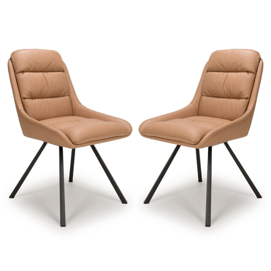 Addis Tan Leather Dining Chairs With Black Legs In Pair