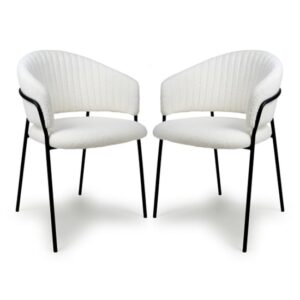 Monzo White Boucle Fabric Dining Chairs With Black Legs In Pair