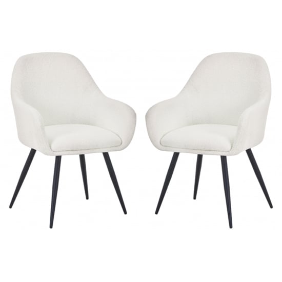 Orno White Boucle Fabric Dining Chairs With Black Legs In Pair