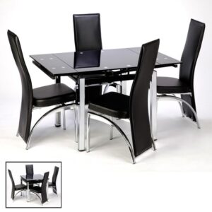 Paris Extending Black Glass Dining Table 4 Romeo Black Chairs