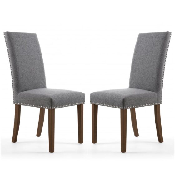 Rabat Steel Grey Fabric Dining Chairs With Walnut Legs In Pair