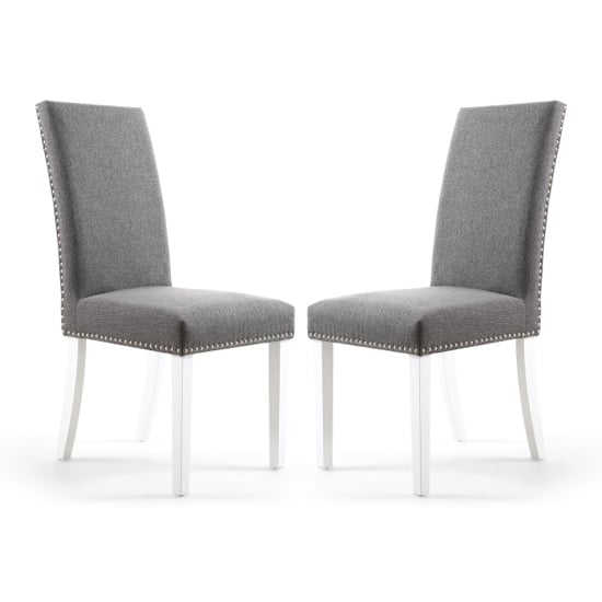 Rabat Steel Grey Fabric Dining Chairs With White Legs In Pair