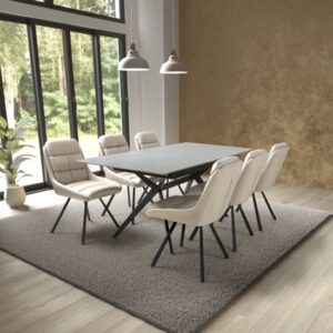 Tarsus Grey Ceramic Extending Dining Table 6 Addis Cream Chairs