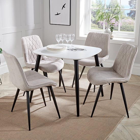 Arta Square White Wooden Dining Table 4 Natural Diamond Chairs