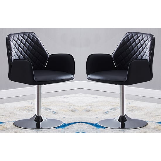 Bucketeer Swivel Black Faux Leather Dining Chairs In Pair