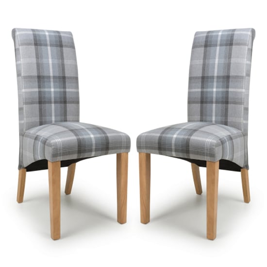 Kaduna Check Grey Fabric Dining Chairs With Oak Legs In Pair