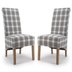 Kyoto Check Cappuccino Fabric Dining Chairs With Oak Leg In Pair