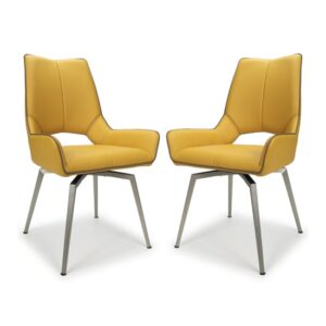 Mosul Yellow Leather Dining Chairs With Steel Legs In Pair