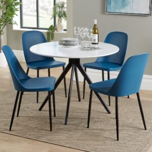 Arta Round White Wooden Dining Table 4 Curve Plastic Blue Chairs