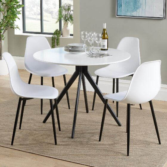 Arta Round White Wooden Dining Table 4 Duo Plastic White Chairs