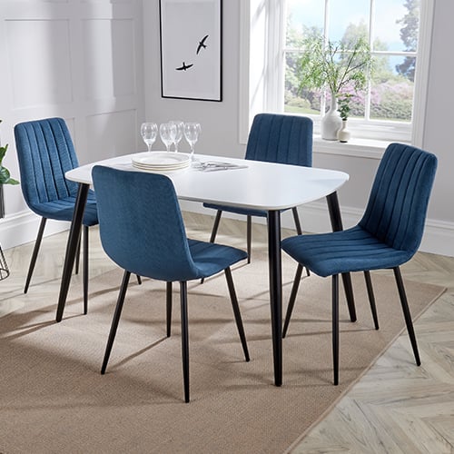 Arta White Wooden Dining Table 4 Blue Straight Chairs