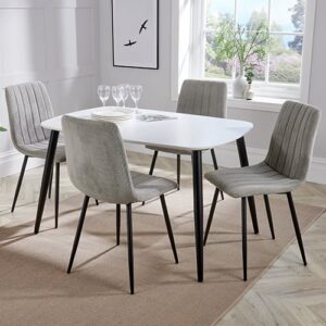 Arta White Wooden Dining Table 4 Light Grey Straight Chairs