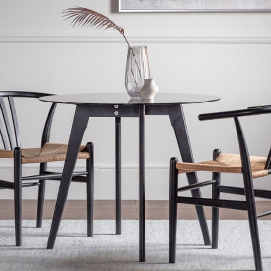 Brix Smoked Glass Round Dining Table In Black Oak Base