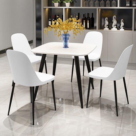 Arta Square White Wooden Dining Table 4 Curve Plastic White Chairs