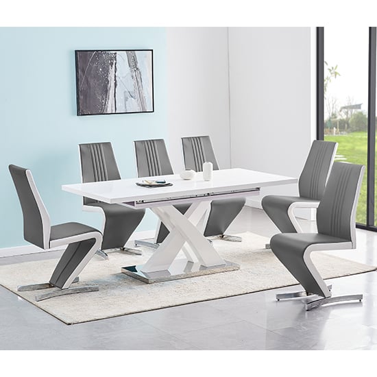 Axara Small Extending White Dining Table 6 Gia Grey White Chairs