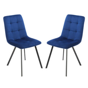 Sandy Squared Navy Blue Velvet Dining Chairs In Pair