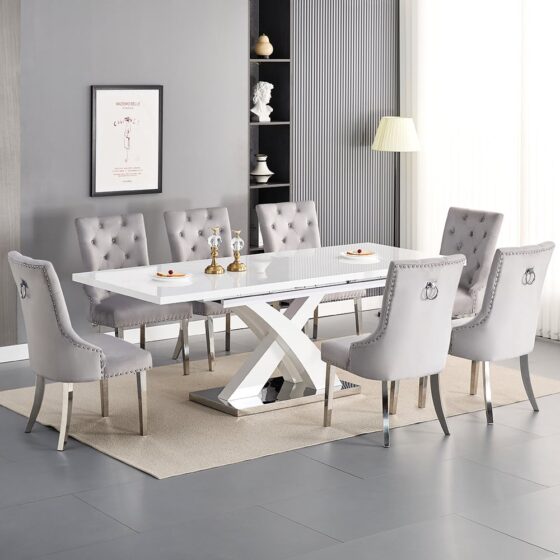 Axara Large Extending White Dining Table 8 Imperial Grey Chairs