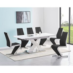 Axara Small Extending White Dining Table 6 Gia Black White Chairs