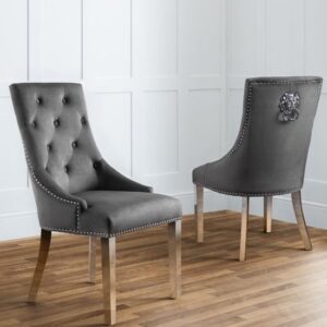 Geneva Lion Head Grey Velvet Dining Chairs In Pair