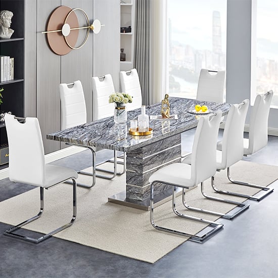 Parini Large Extending Melange Dining Table 8 Petra White Chairs