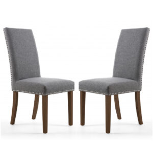 Rabat Steel Grey Fabric Dining Chairs With Walnut Legs In Pair