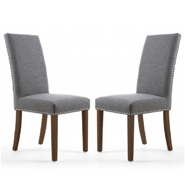 Rabat Steel Grey Fabric Dining Chairs With Walnut Legs In Pair