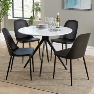 Arta Round White Wooden Dining Table 4 Curve Plastic Black Chairs