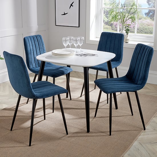 Arta Square White Wooden Dining Table 4 Blue Straight Chairs