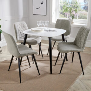 Arta Square White Wooden Dining Table 4 Light Grey Diamond Chairs