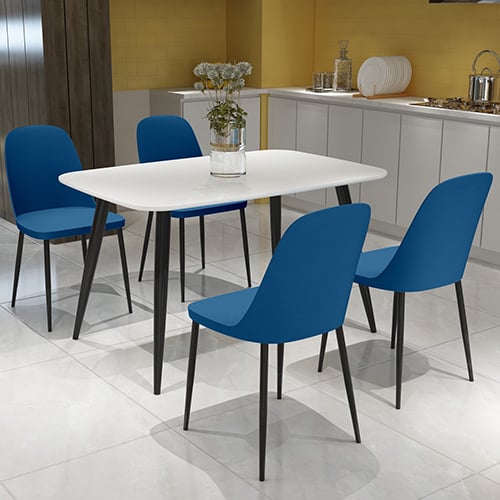 Arta White Wooden Dining Table 4 Curve Plastic Blue Chairs