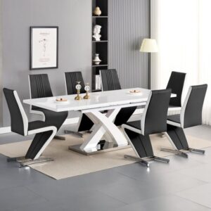 Axara Large Extending White Dining Table 8 Gia Black White Chairs