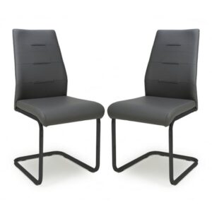 Carlton Dark Grey Leather Dining Chairs With Black Legs In Pair