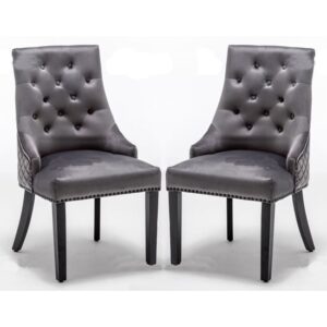 Carrboro Round Knocker Dark Grey Velvet Dining Chair In Pair