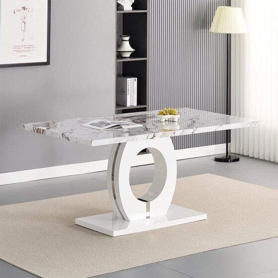 Halo High Gloss Dining Table In White And Milo Marble Effect