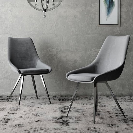 Laceby Grey Fabric Dining Chairs With Chrome Legs In Pair