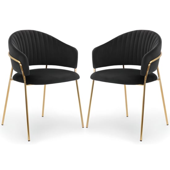 Monzo Black Velvet Dining Chairs With Gold Legs In Pair