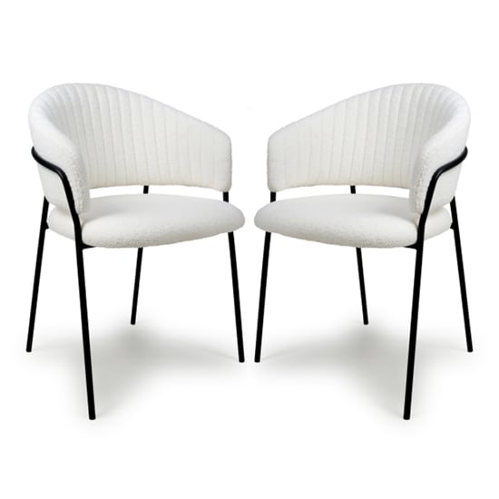 Monzo White Boucle Fabric Dining Chairs With Black Legs In Pair