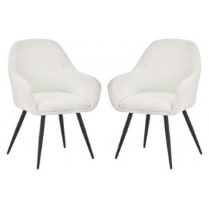 Orno White Boucle Fabric Dining Chairs With Black Legs In Pair