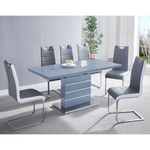 Parini Extending Grey Gloss Dining Table 6 Petra Grey White Chairs