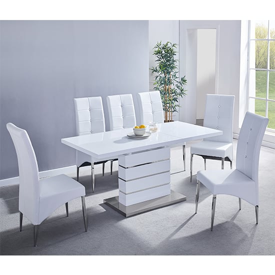 Parini Small Extending White Dining Table 6 Vesta White Chairs