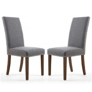 Rabat Steel Grey Fabric Dining Chairs With Walnut Legs In Pair