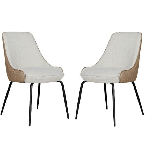 Santiago Biscuit Fabric Dining Chairs With Black Legs In Pair